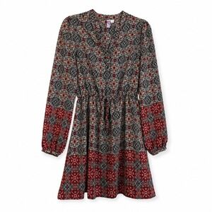 Alya Elastic Waist V-Neck Long Sleeve Mini Dress Black Red Print Boho Size M